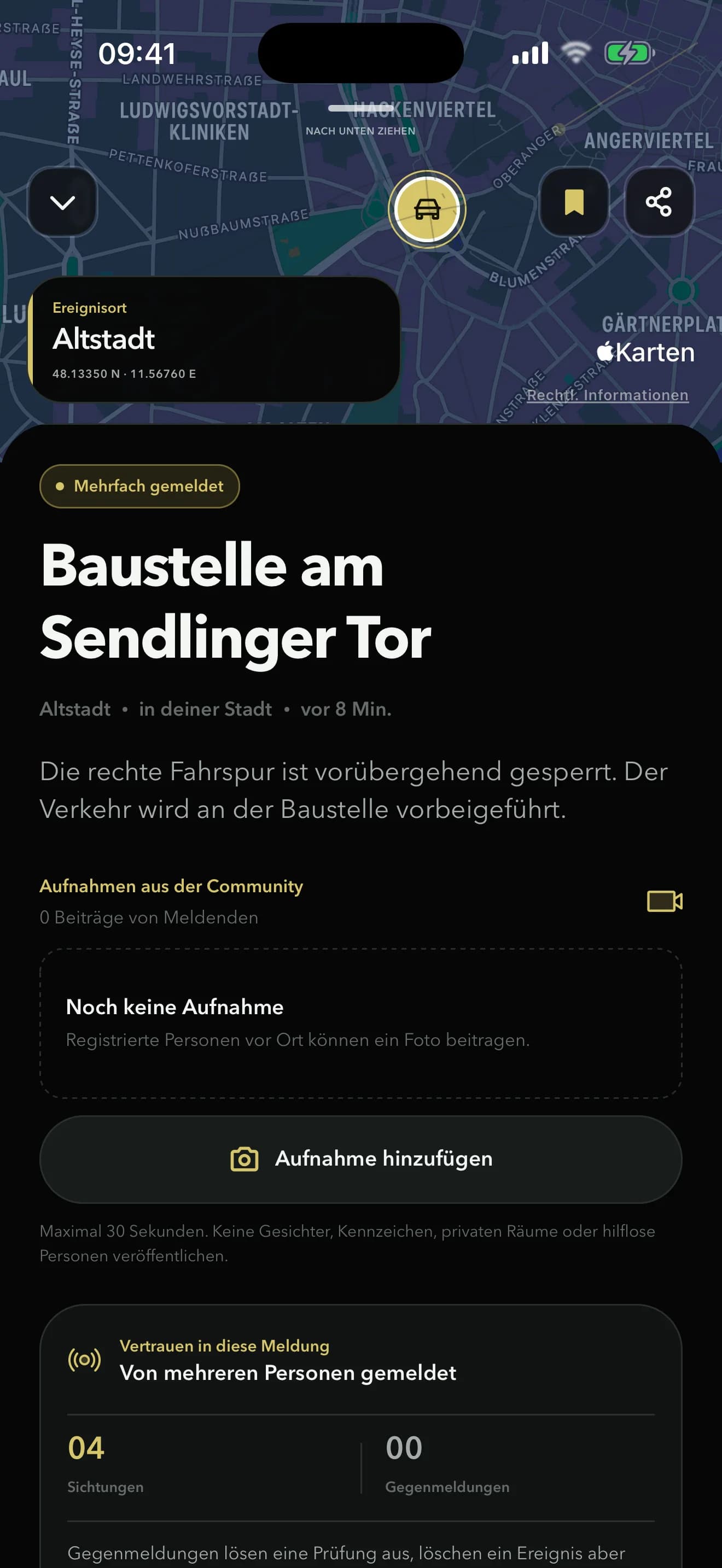 Detailansicht einer Stadtlage Meldung mit Ort, Beschreibung und Community-Bestätigungen