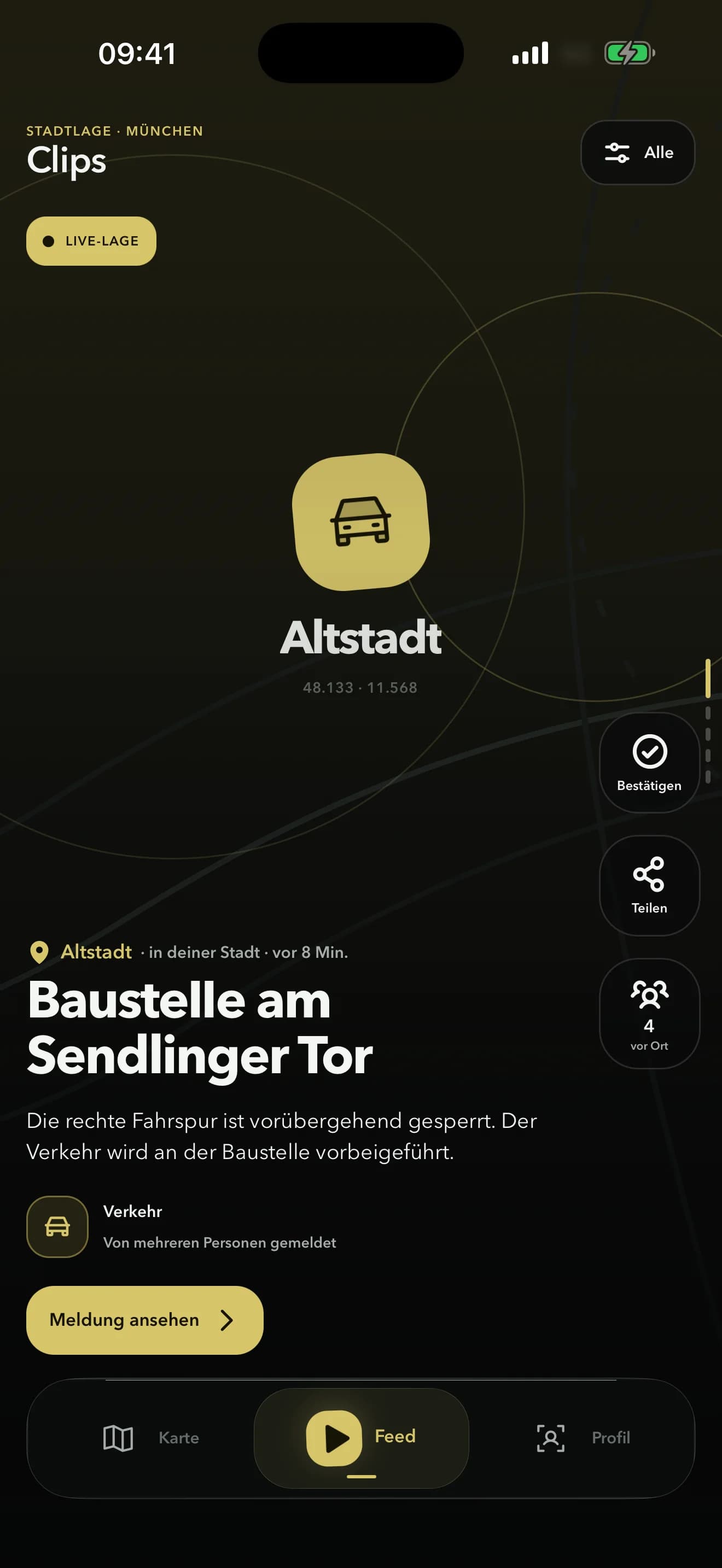 Stadtlage-Feed mit einer lokalen Verkehrsmeldung