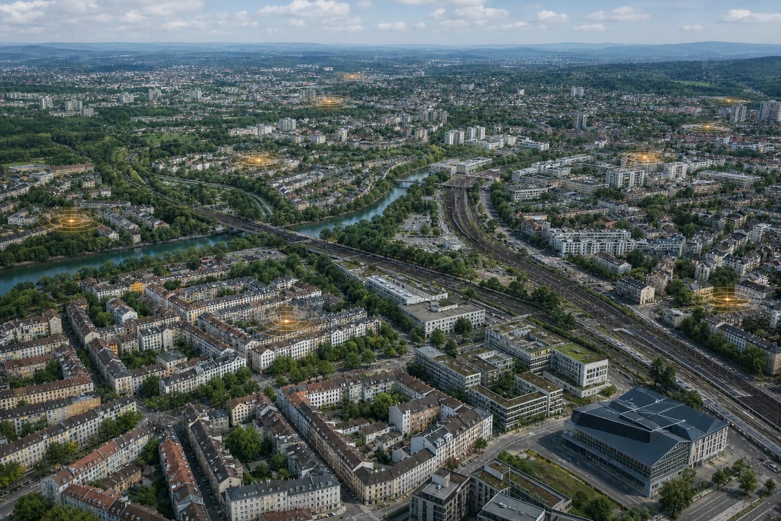 Fiktiver, ortsneutraler Stadtraum in Deutschland bei Tag